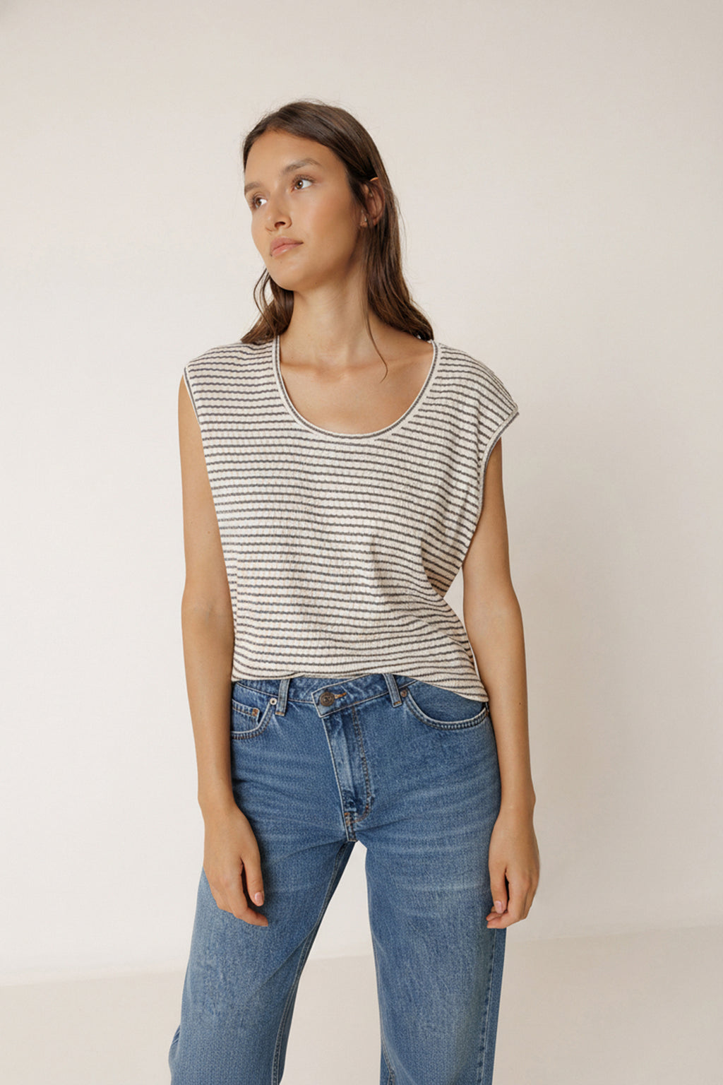 T-Shirt Rayé Coupe Carrée - Charbon