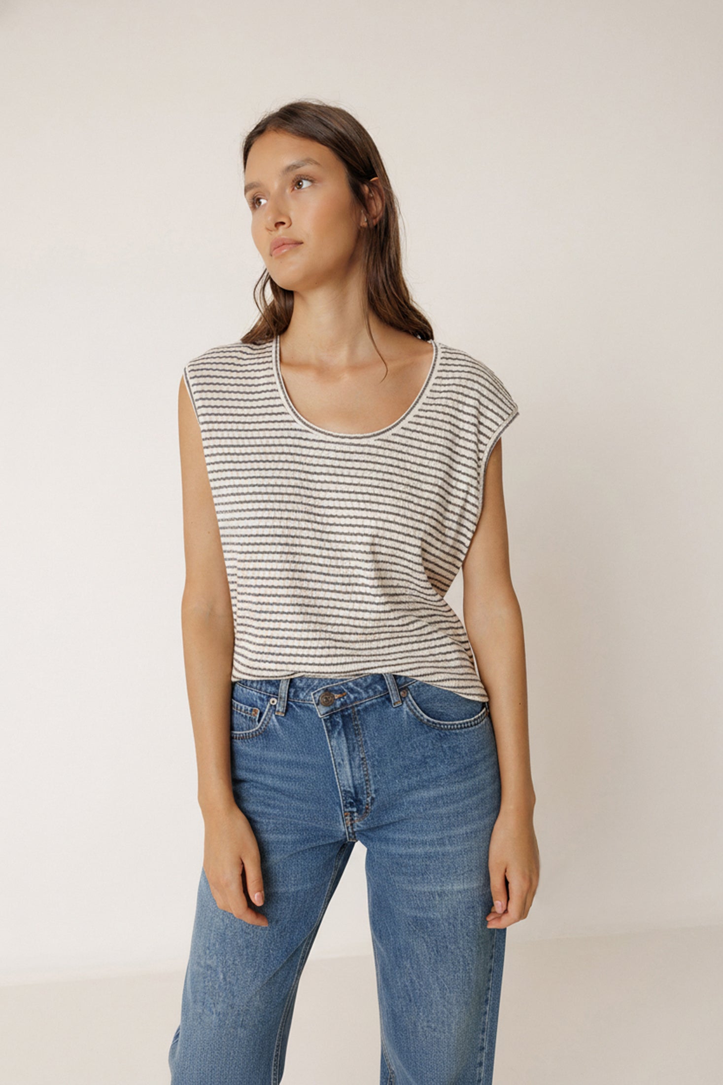 T-Shirt Rayé Coupe Carrée - Charbon