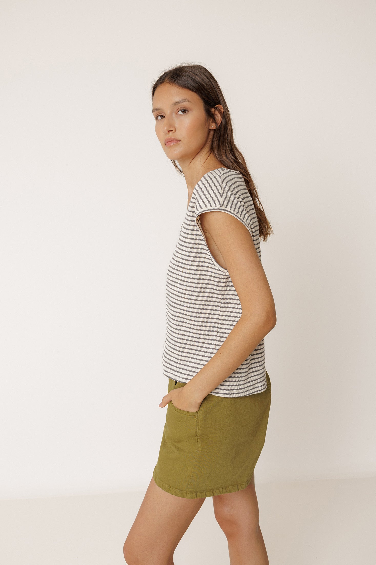 T-Shirt Rayé Coupe Carrée - Charbon