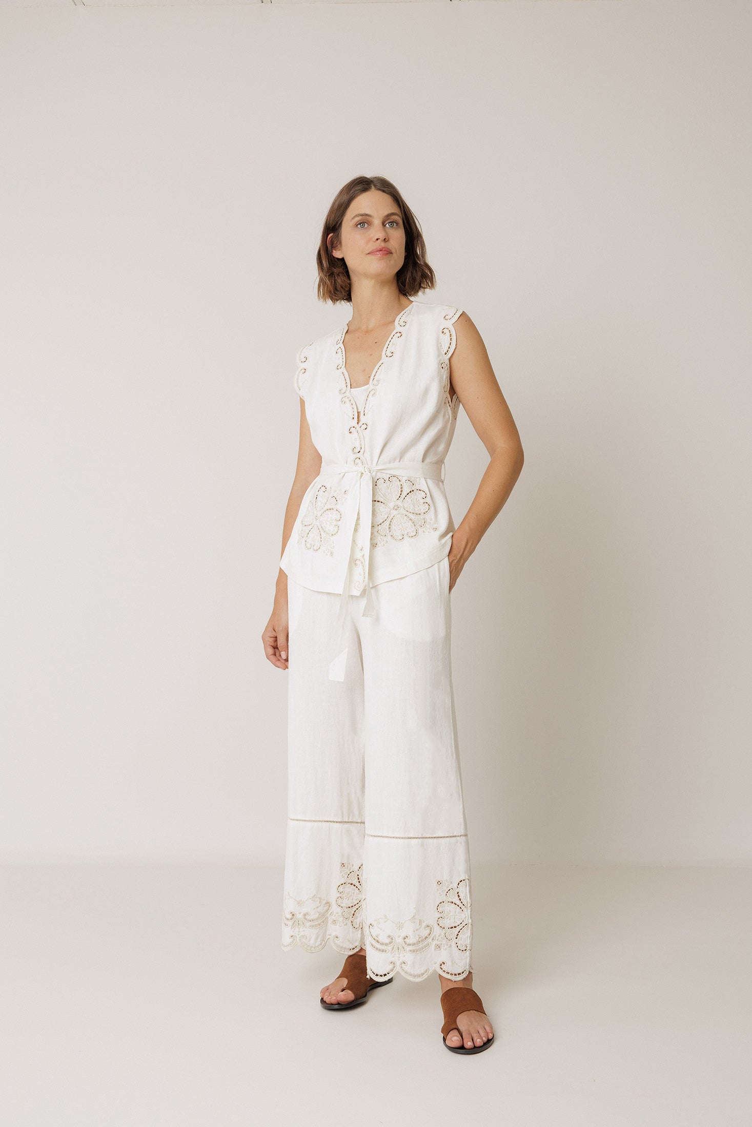 Pantalon À Ourlet Brodé - Écru