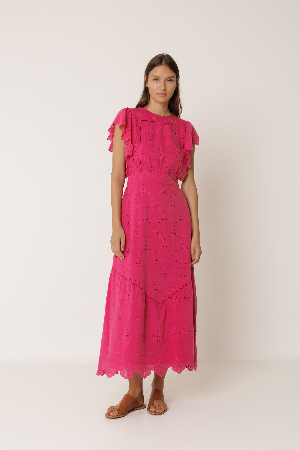 Robe Longue À Broderie Schiffli - Fraise