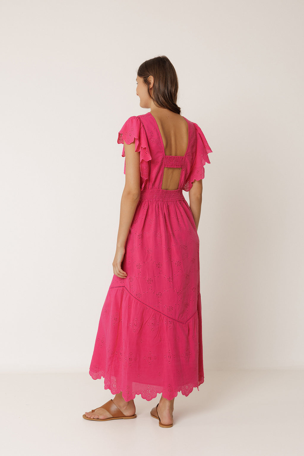 Robe Longue À Broderie Schiffli - Fraise