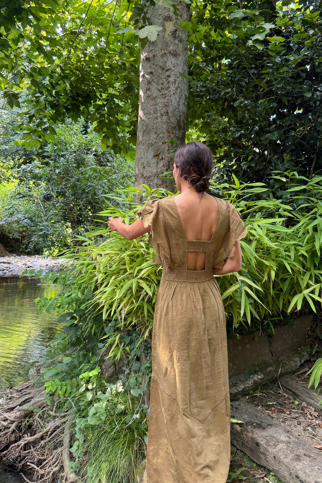 Robe Longue À Broderie Schiffli - Kaki