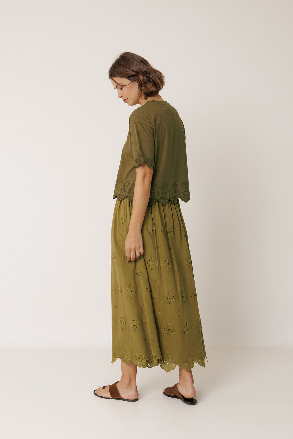 Jupe Midi Brodée - Kaki