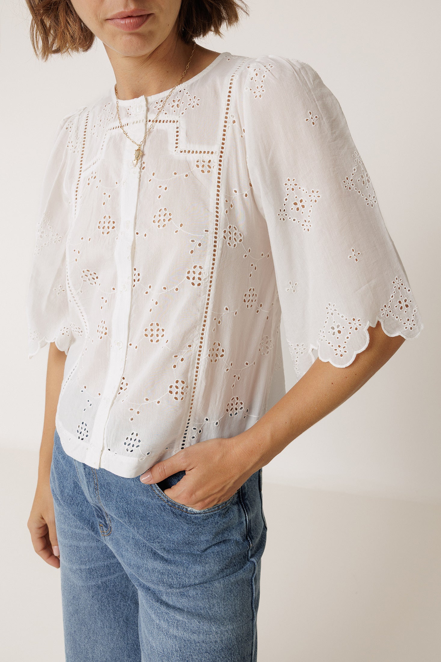 Chemise Coupe Carrée À Broderie Schiffli - Blanc