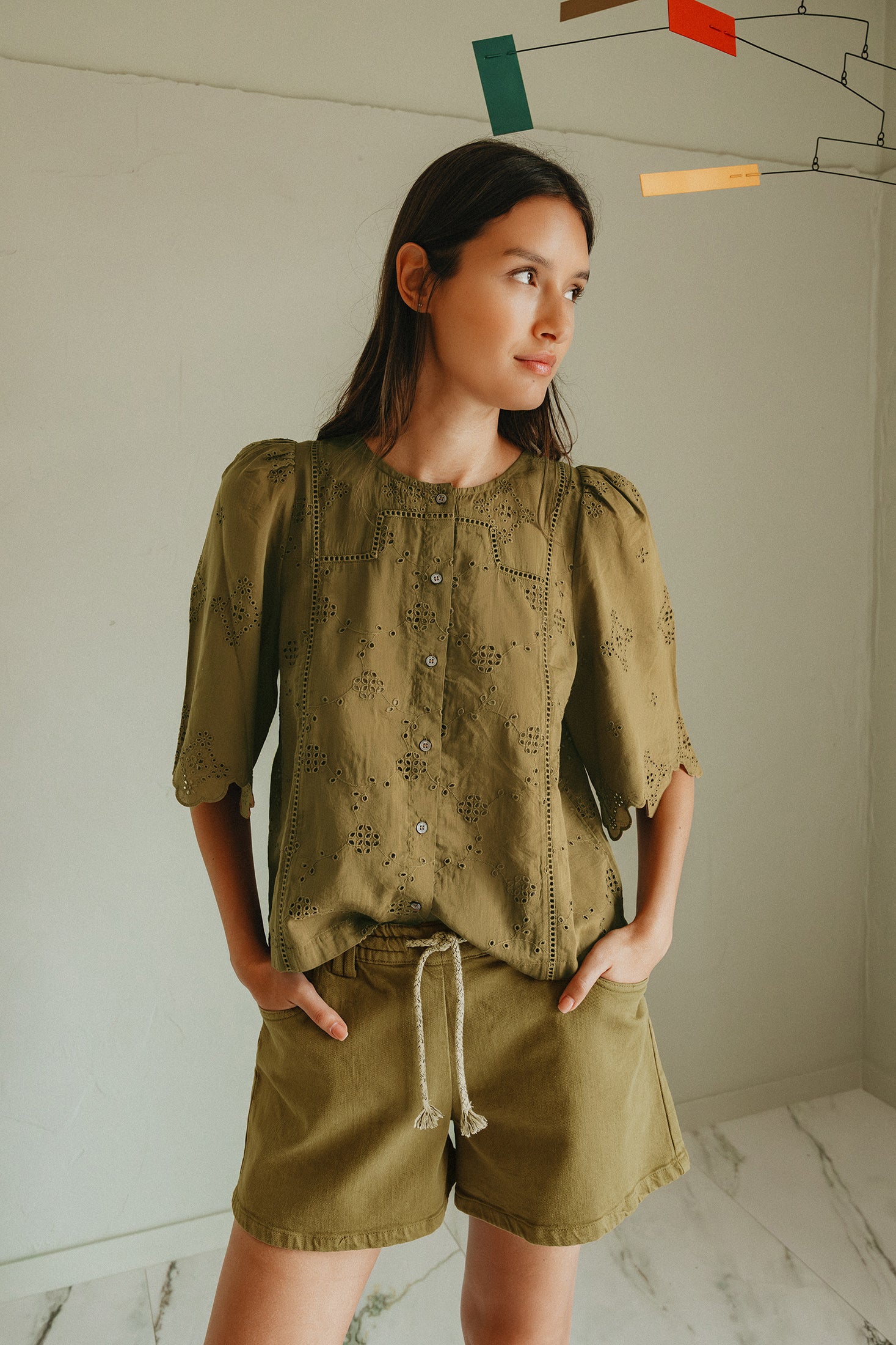 Chemise Coupe Carrée À Broderie Schiffli - Kaki