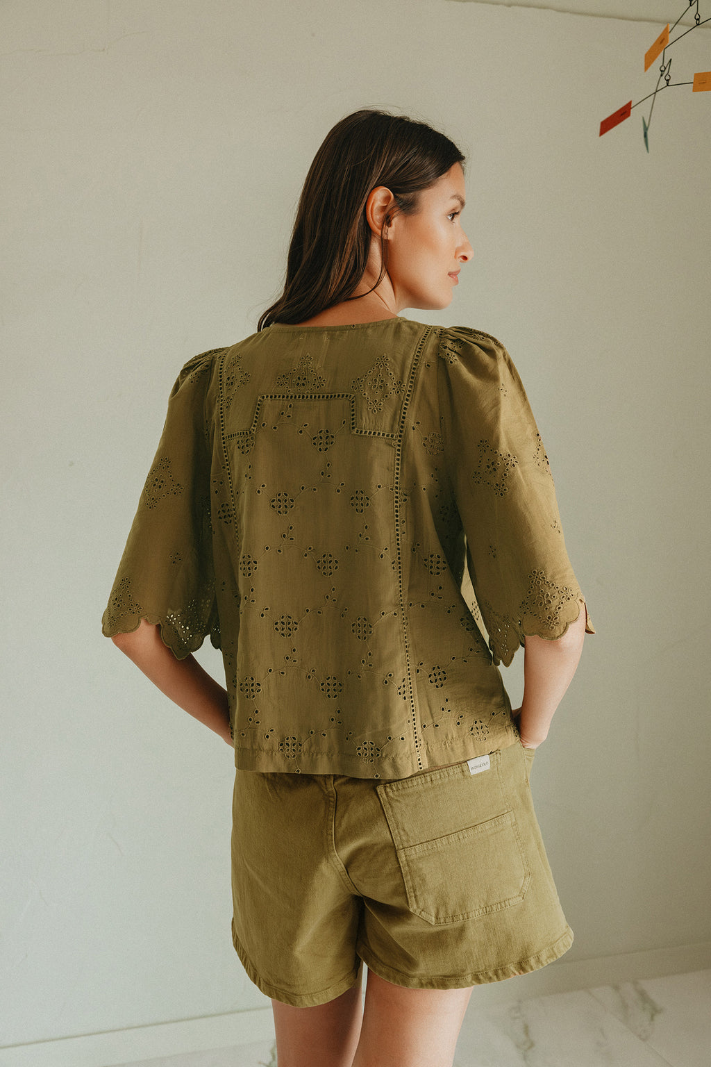 Chemise Coupe Carrée À Broderie Schiffli - Kaki