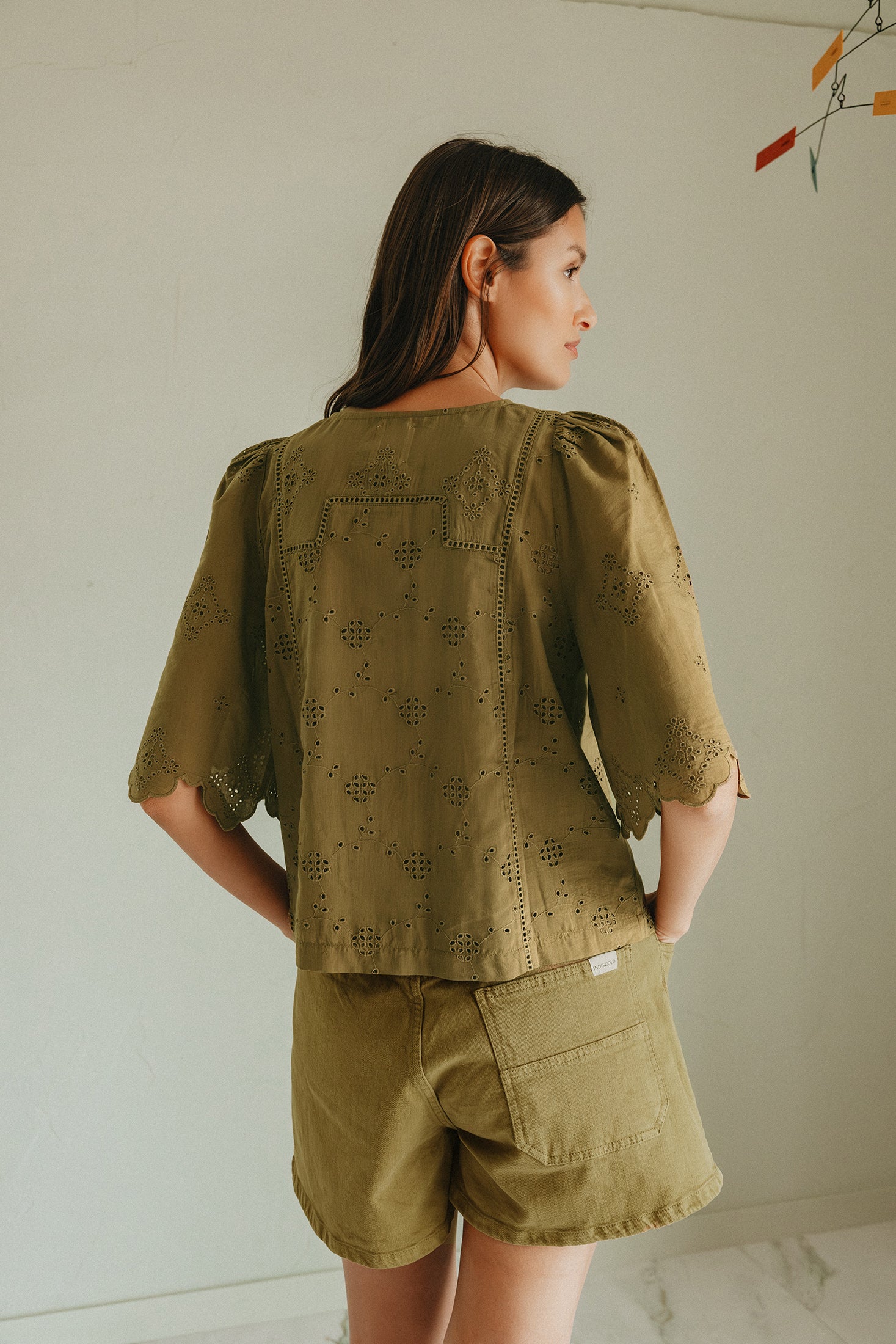 Chemise Coupe Carrée À Broderie Schiffli - Kaki