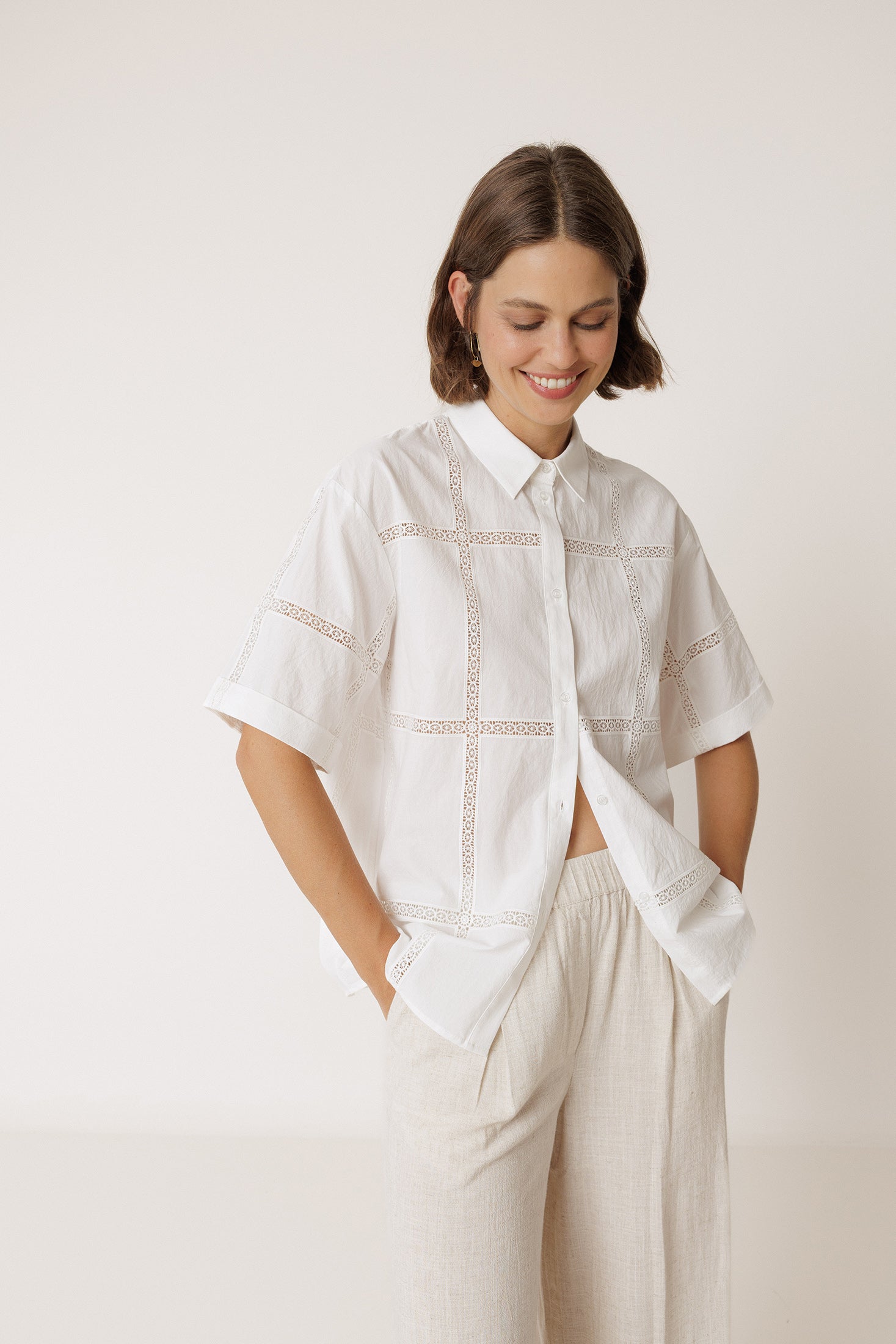 Chemise En Popeline Et Dentelle - Blanc