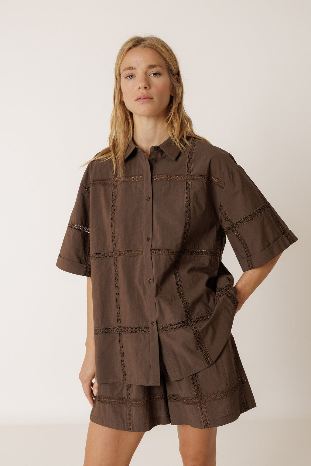 Chemise En Popeline Et Dentelle - Chocolat