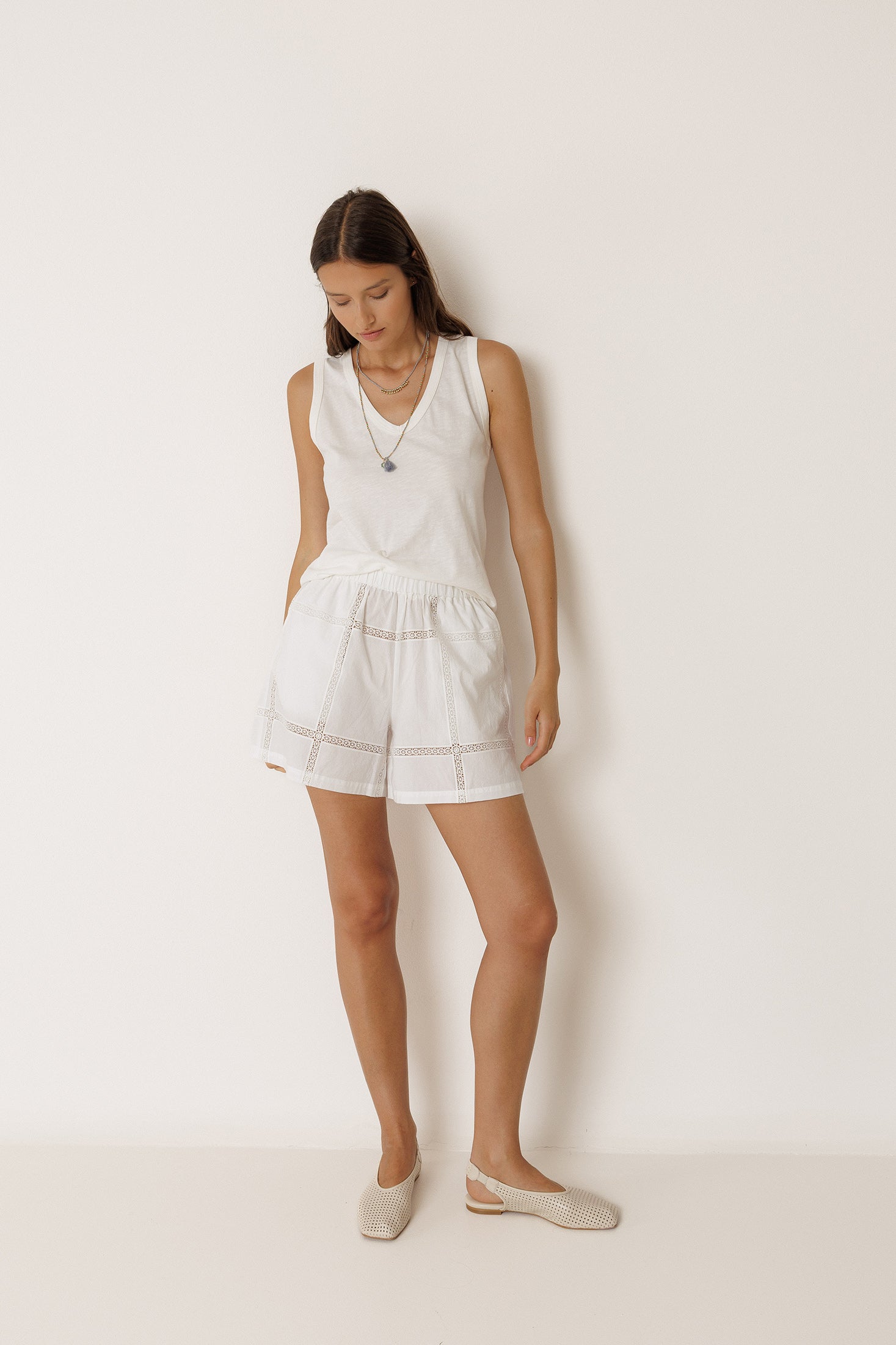 Short En Popeline Et Dentelle - Blanc