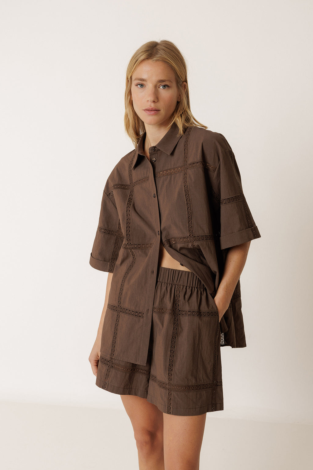 Short En Popeline Et Dentelle - Chocolat
