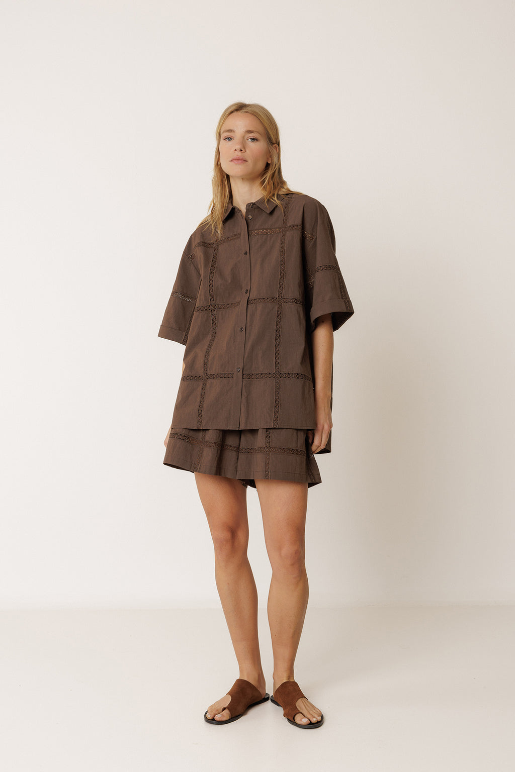 Short En Popeline Et Dentelle - Chocolat