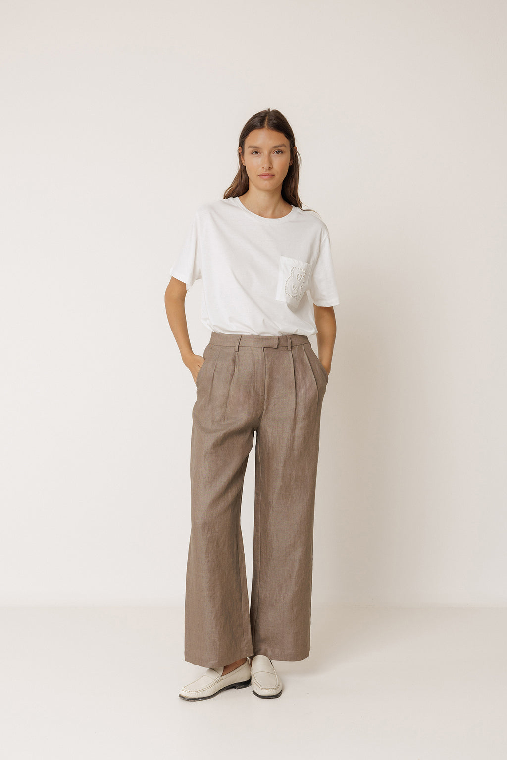 Pantalon En Lin À Plis - Tabac