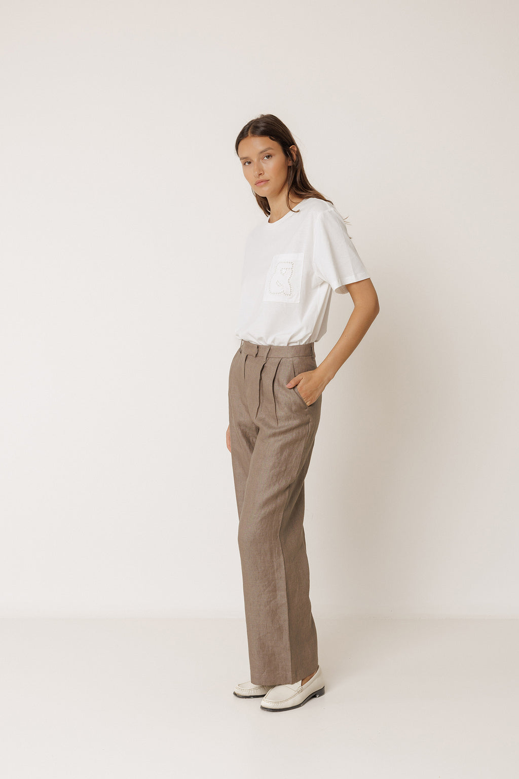 Pantalon En Lin À Plis - Tabac