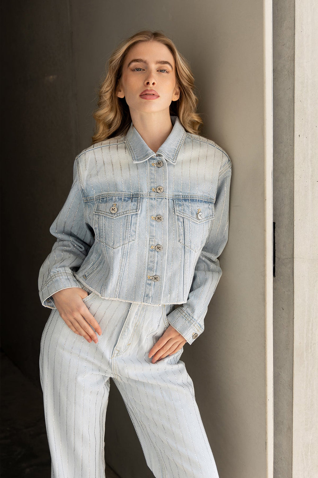 Rhinestone Denim Jacket - Blue