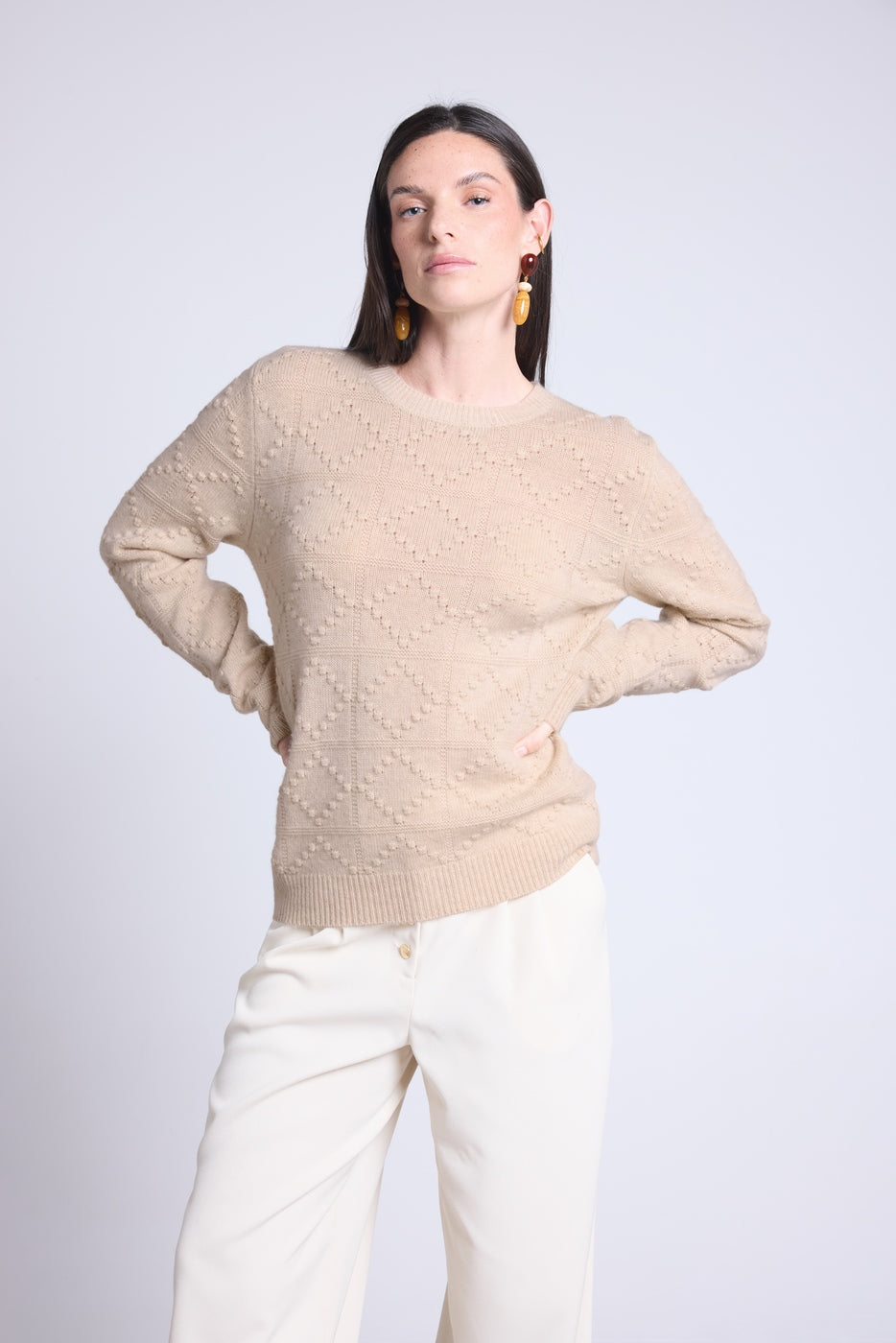 Waldorf Bubble Cashmere Crew Neck Jumper - Creamy Beige - Women