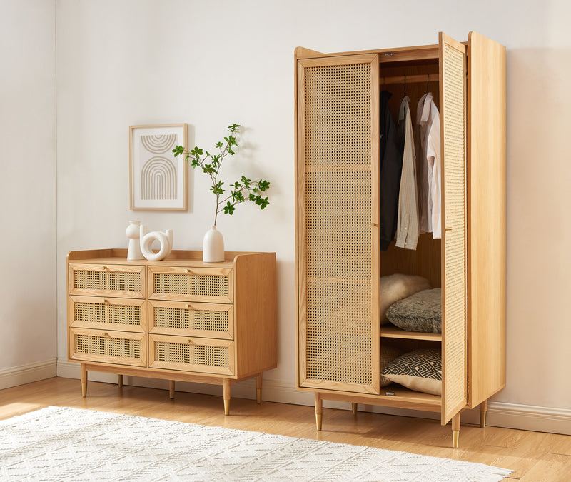 Armoire Leon - Placage Chêne Et Cannage Rotin 2 Portes