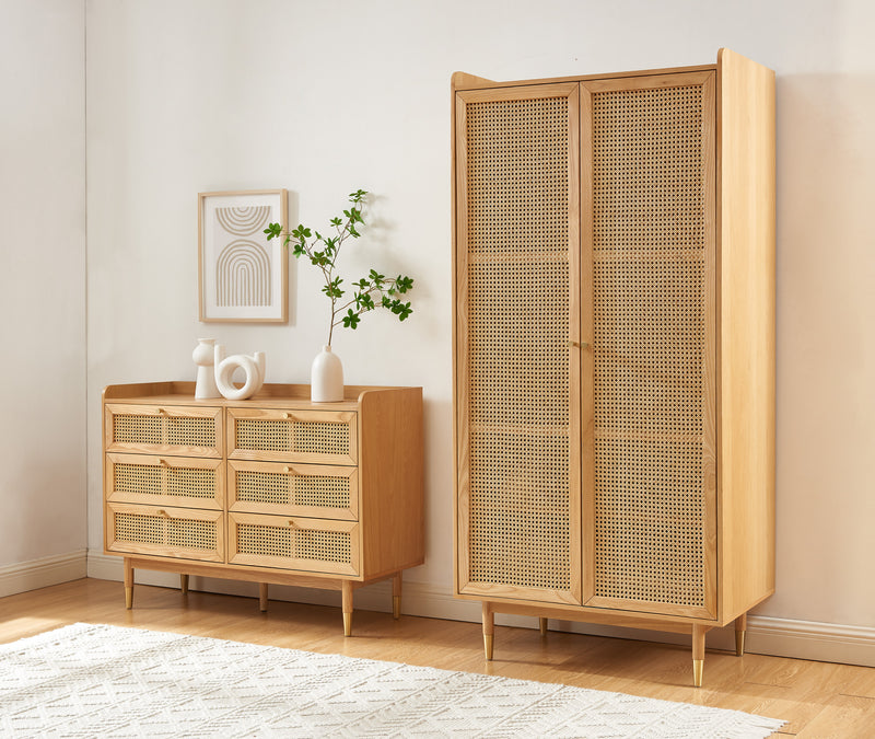 Armoire Leon - Placage Chêne Et Cannage Rotin 2 Portes