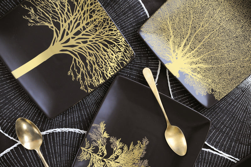 Singapore - Ensemble De 4 Assiettes Carrées En Céramique À Décor Doré - Noir - Céramique