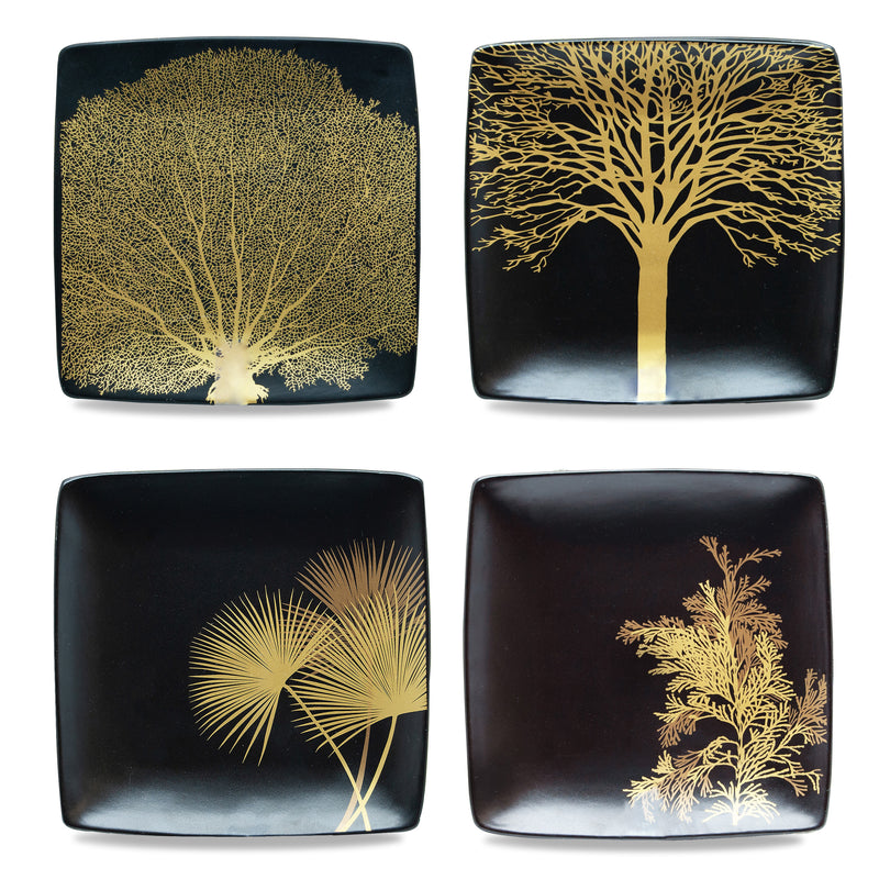 Singapore - Ensemble De 4 Assiettes Carrées En Céramique À Décor Doré - Noir - Céramique