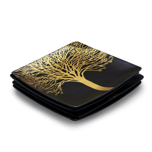 Singapore - Set Of 4 Square Ceramic Plates With Gold Decor - Black - Ceramic