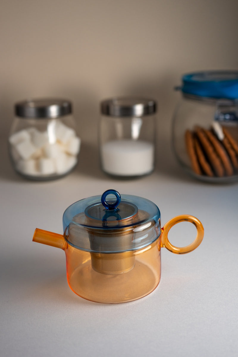 Tetera de vidrio de borosilicato con mango de color - Azul y naranja