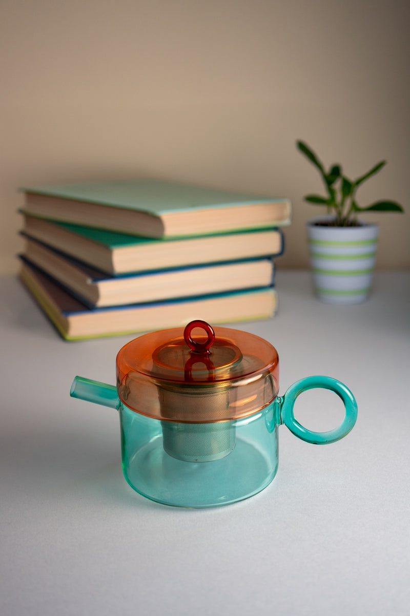 Tetera de vidrio de borosilicato con mango de color - Rojo y azul claro