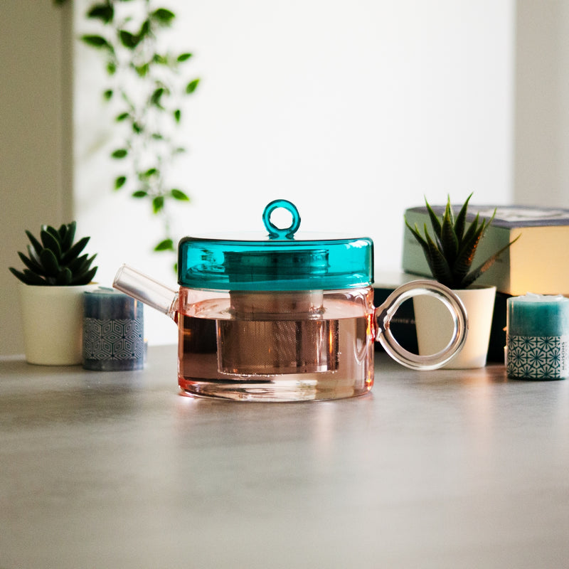 Théière En Verre Borosilicate Avec Poignée Colorée - Pêche Et Verte Pétrole