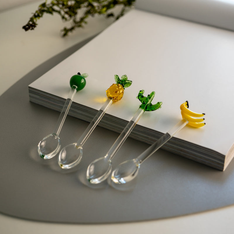 Monterey - Set De 4 Cuillères À Café Avec Décoration Pomme, Banane, Ananas Et Cactus - Verre Borosilicate