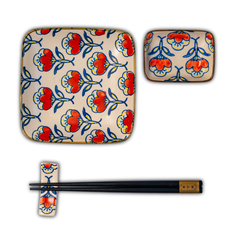 Pechino - Set De 2 Assiettes, 2 Bols Et 2 Jeux De Baguettes - Rouge - Céramique
