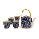 Pechino - Théière Avec Anse En Bambou Et 4 Tasses ; Décoration Bleue - Céramique