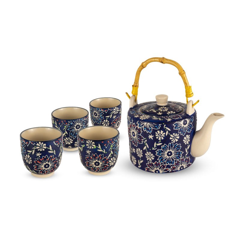 Pechino - Théière Avec Anse En Bambou Et 4 Tasses ; Décoration Bleue - Céramique
