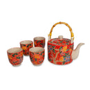 Pechino - Théière Avec Anse En Bambou Et 4 Tasses ; Décoration Rouge - Céramique