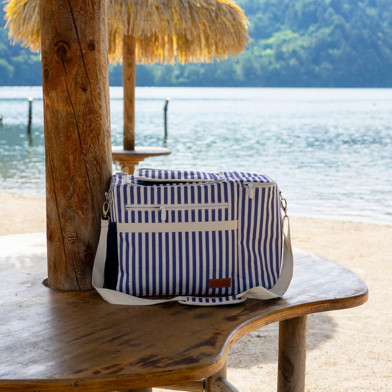 Bolsa Nevera A Rayas Con Bolsillo Para Botellas - Azul