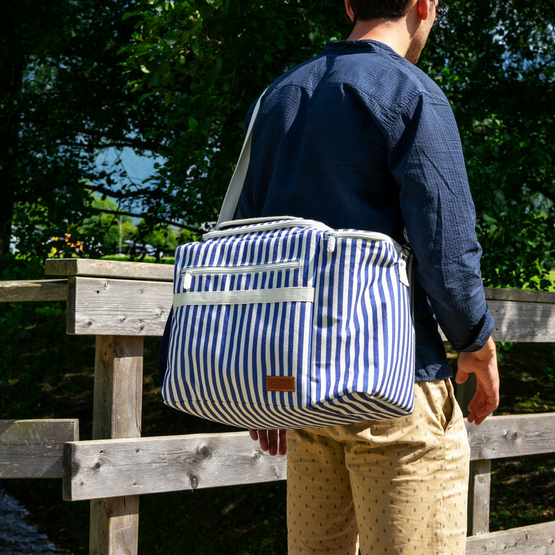 Bolsa Nevera A Rayas Con Bolsillo Para Botellas - Azul
