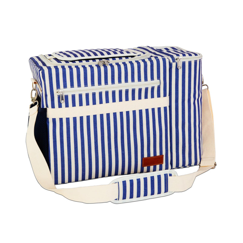 Bolsa Nevera A Rayas Con Bolsillo Para Botellas - Azul