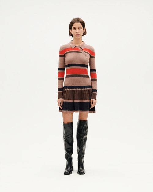 Robe Courte Tashi En Laine Mérinos À Rayures Marron