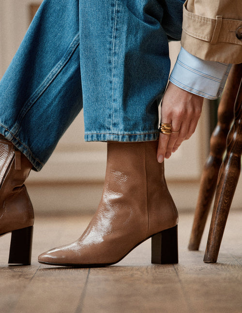 Bottines À Talons Brune - Cuir Plissé Verni Mocha