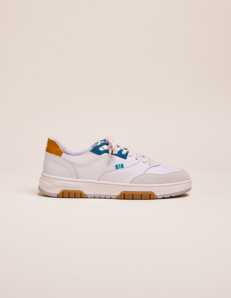 Albert Low Sneakers - Leather & Suede Blanc Petrole Moutarde