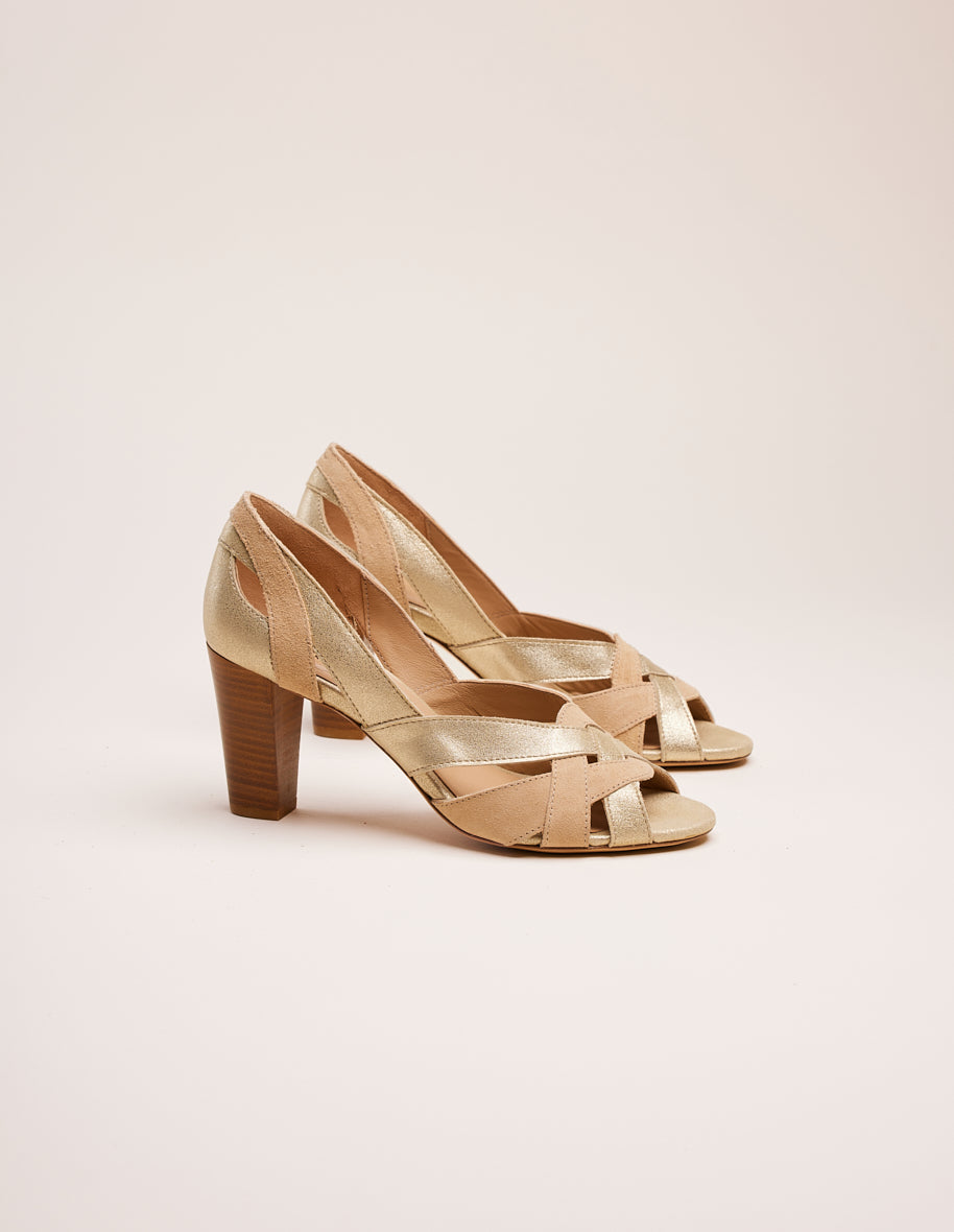 Sandales À Talons Clémentine H - Cuir Et Suède Champagne Beige