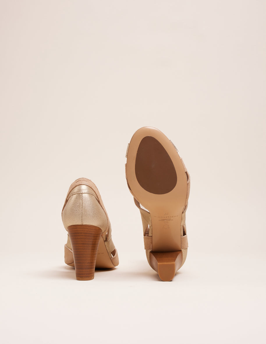 Sandales À Talons Clémentine H - Cuir Et Suède Champagne Beige