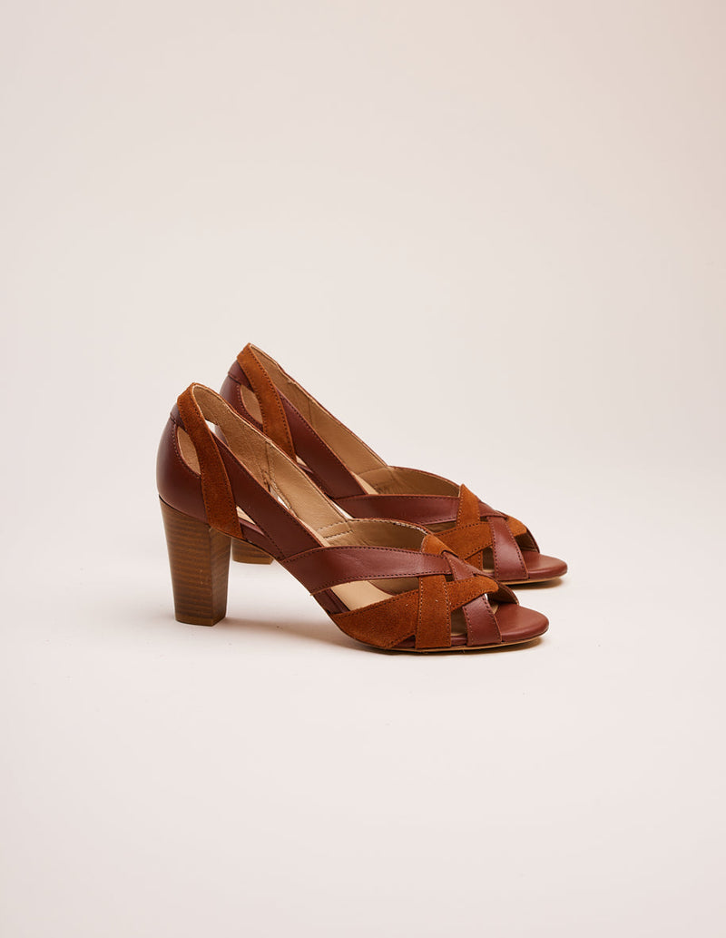 Clémentine H Heeled Sandals - Cognac Leather and Suede