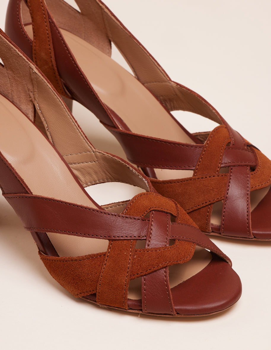 Sandalias De Tacón Clémentine H - Cuero Cognac Y Ante - Mujer