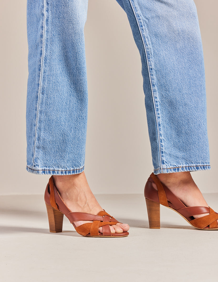 Sandalias De Tacón Clémentine H - Cuero Cognac Y Ante - Mujer