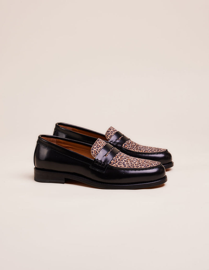 Fanny Moccasins - Black and Leopard Box Leather