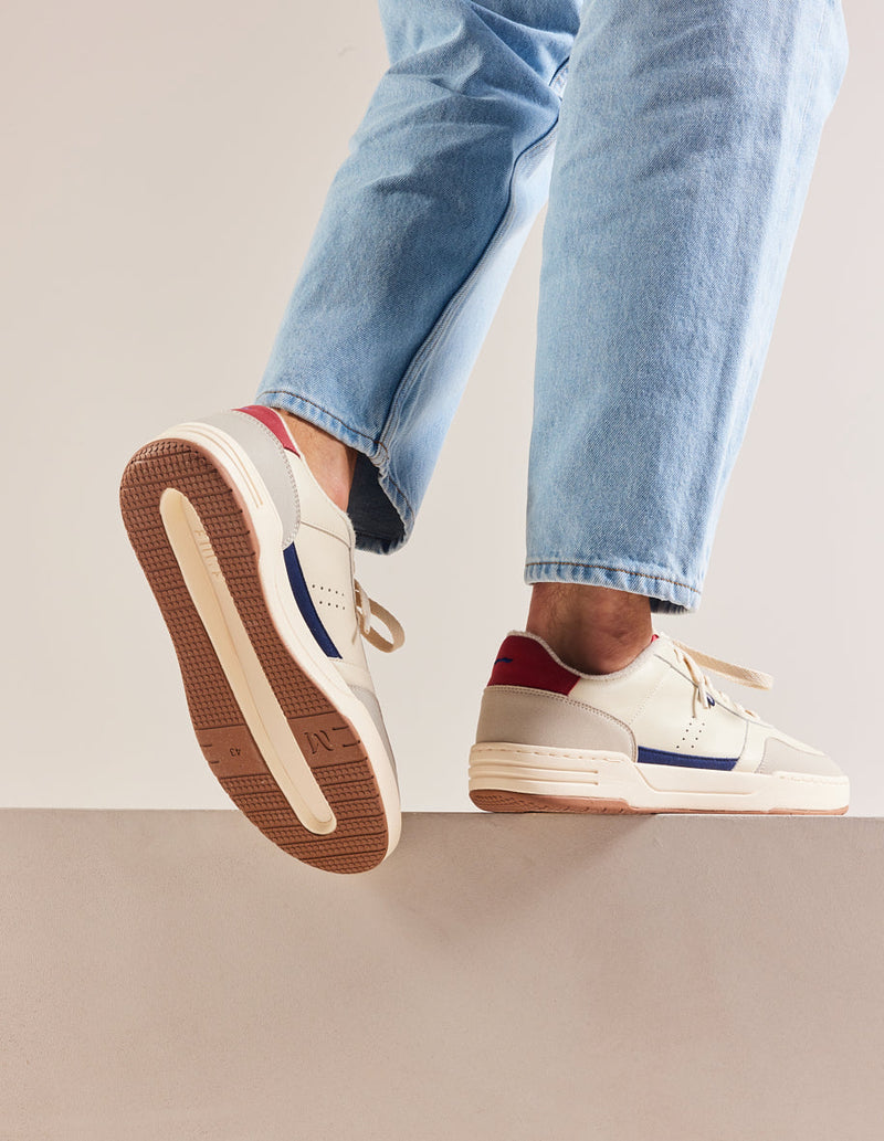 Mael Low Sneakers - Recycled Leather and Vegan Ecru Suede Navy Red