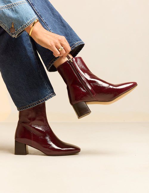 Bottines À Talons Volma - Cuir Plissé Verni Bordeaux