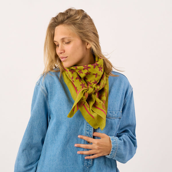 Foulard Femme En 100% Coton Bio Hélène - Vert Et Violet