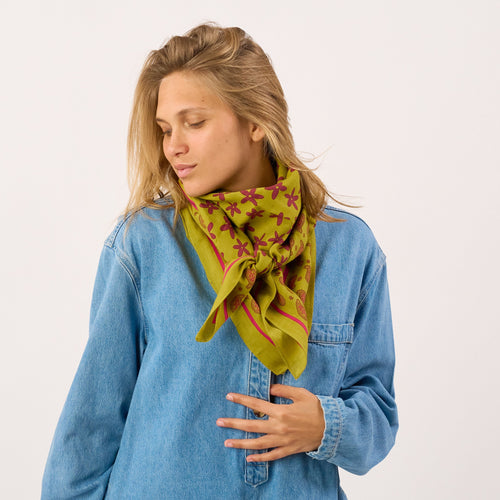 Bufanda de mujer 100% algodón orgánico Hélène - Verde y Morado